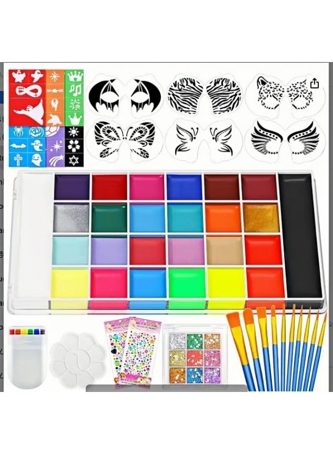 SKT Shiketro 26-colors Body Painting Kit Is a Professional Face Painting Tool Suitable For Children and Adults Role-playing The kit Includes Red Black And White Special Effects Paints 10 Paintbrushes 12 Painting Templates 2 Gem Sticker Sheet  1 Multi-purpose Striped Paint Sticks  1 Six-color Glitter Palette and 1 Color Palette It's Perfect For Dramatic Face Painting at Various Festive Celebrations Including Halloween - Image 1